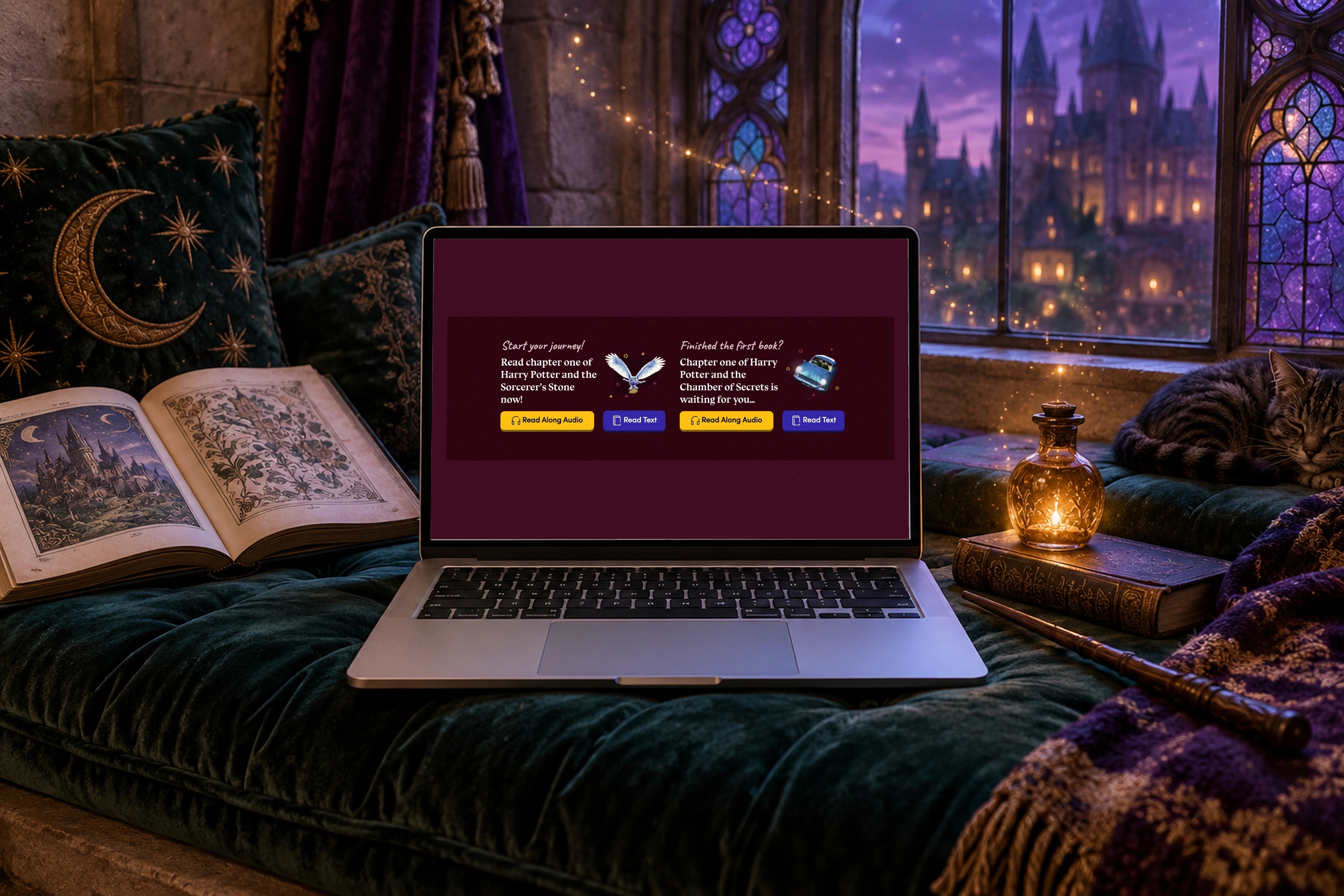 The real Starting Harry Potter book discovery interface on a MacBook in a scene created for the case study.
