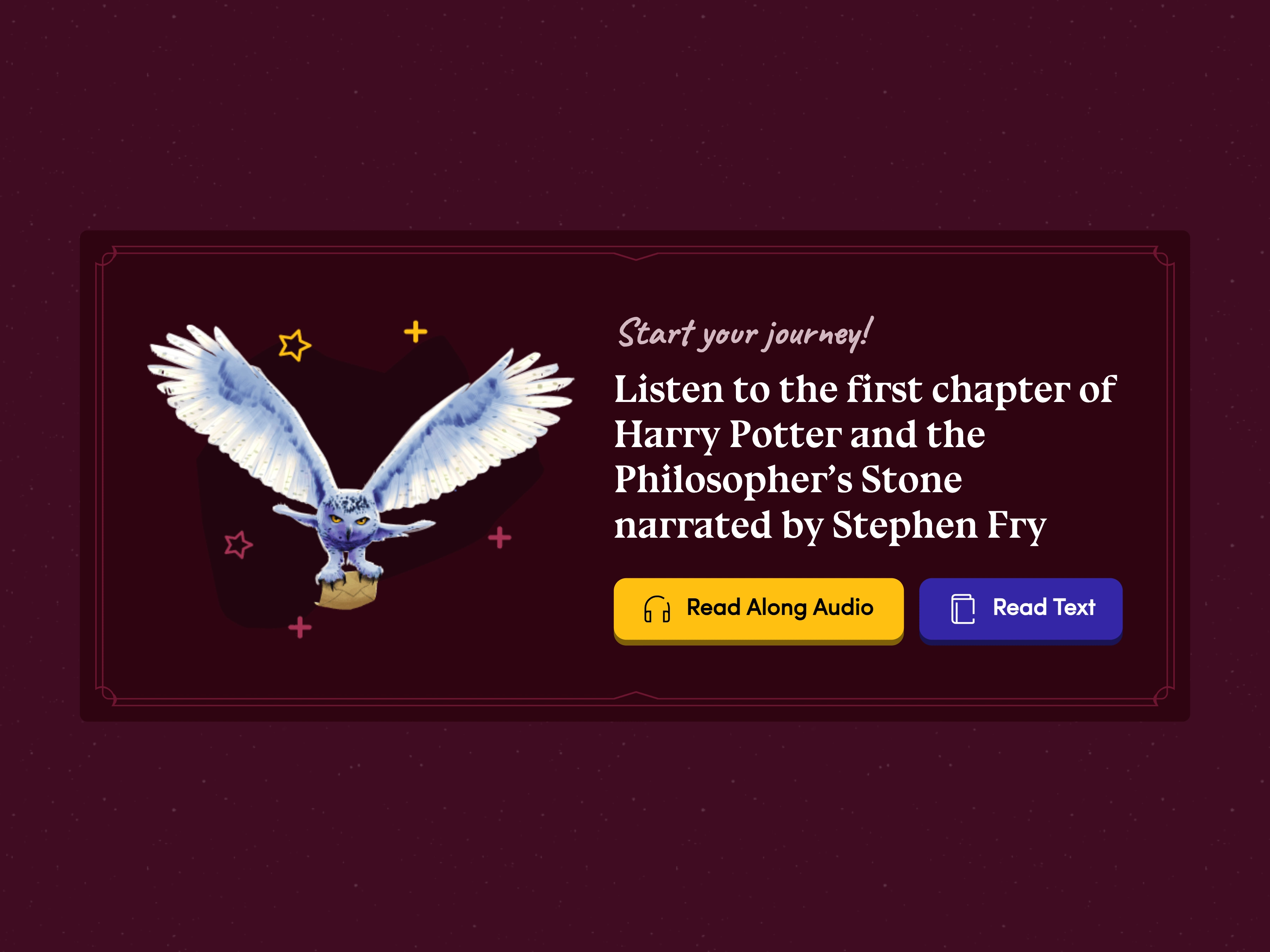 Begin the story with Stephen Fry, captured from Starting Harry Potter and centered on a background matched to the brand.