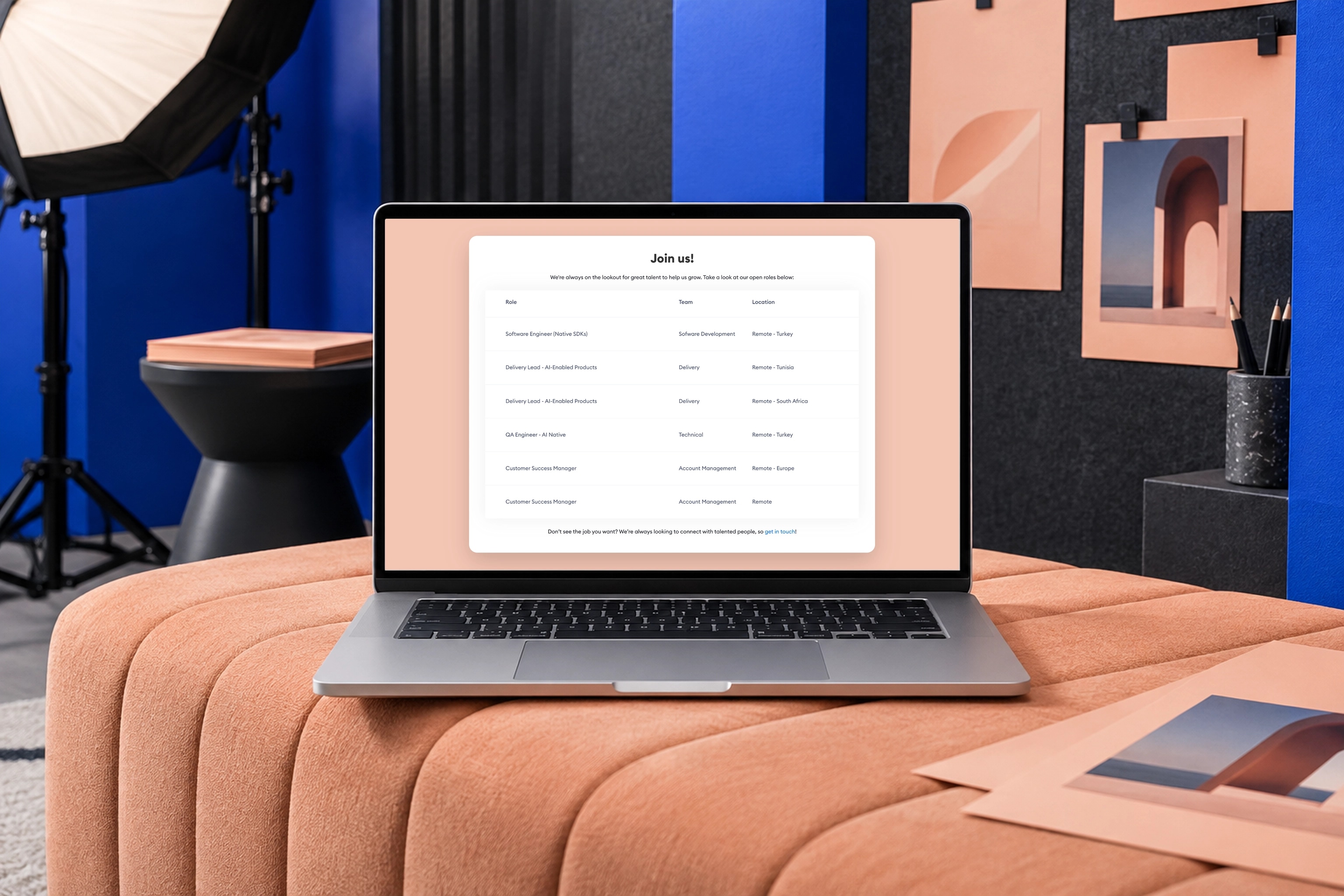 The real Storyteller careers directory interface on a MacBook in a scene created for the case study.