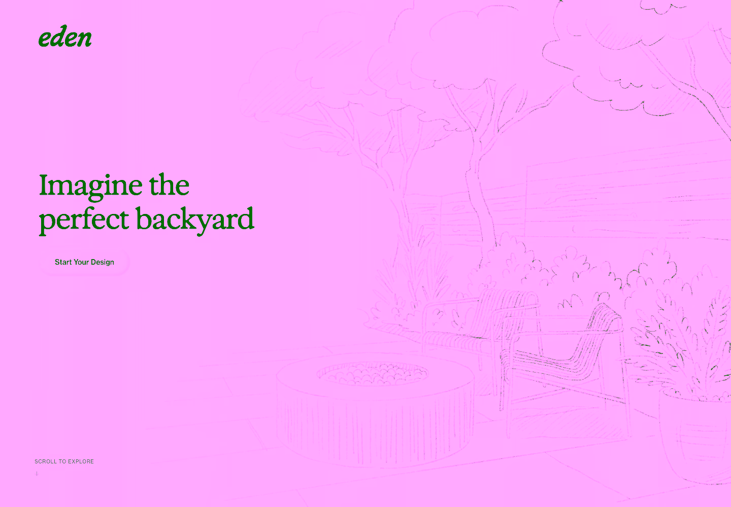 Eden's illustrated garden becomes a finished backyard, followed by the landing page sections and footer.