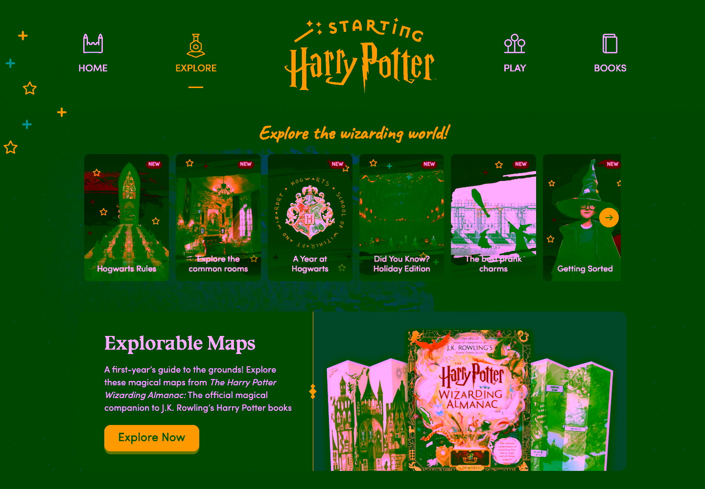 Explore the wizarding world, scrolling from the top of the page to the complete footer.