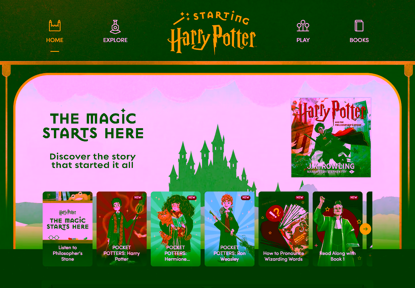 Starting Harry Potter landing page, scrolling from the top of the page to the complete footer.