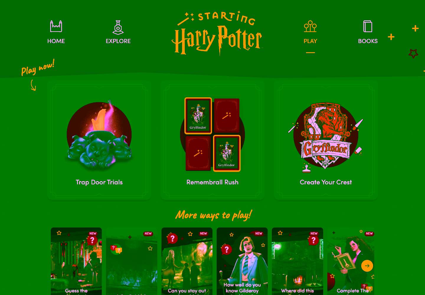 Harry Potter games and activities, scrolling from the top of the page to the complete footer.